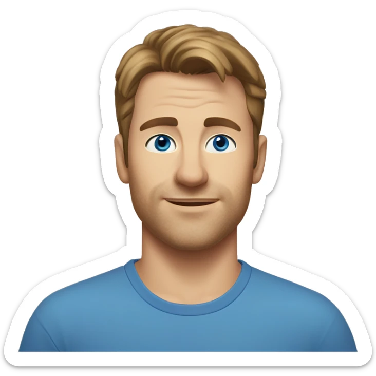 A head and shoulders shot of a 35 year old Caucasian man, with short brown hair,   with blue eyes wearing a t-shirt. sticker