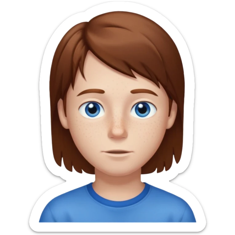 Boy standing with brown straight hair blue eyes and freckles sticker