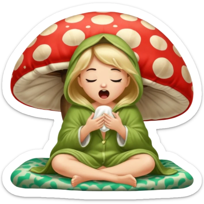 woodland spirit girl in mushroom pajama and oversized blanket yawning sticker