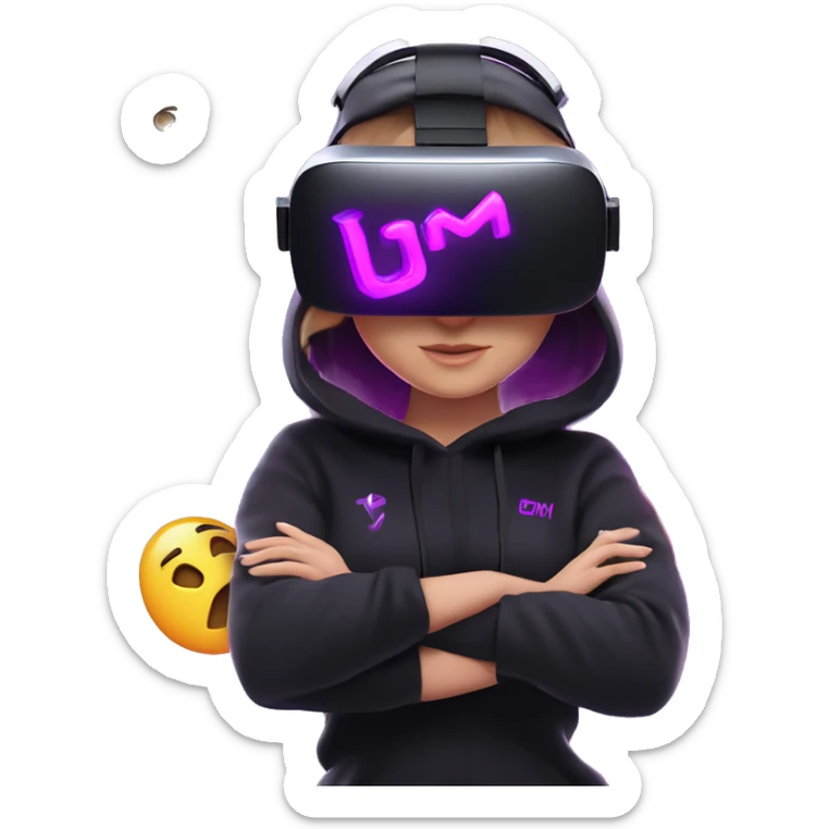 Russian girl wearing black hoody with violet letters "OMG", in vr headset oculus quest2. Dancing. Cyberpunk style. Violet neon. sticker
