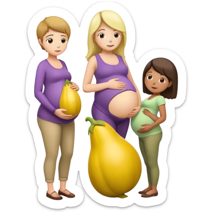 yellow eggplant on top of a pregnant person, with a bowing person turned to the side sticker