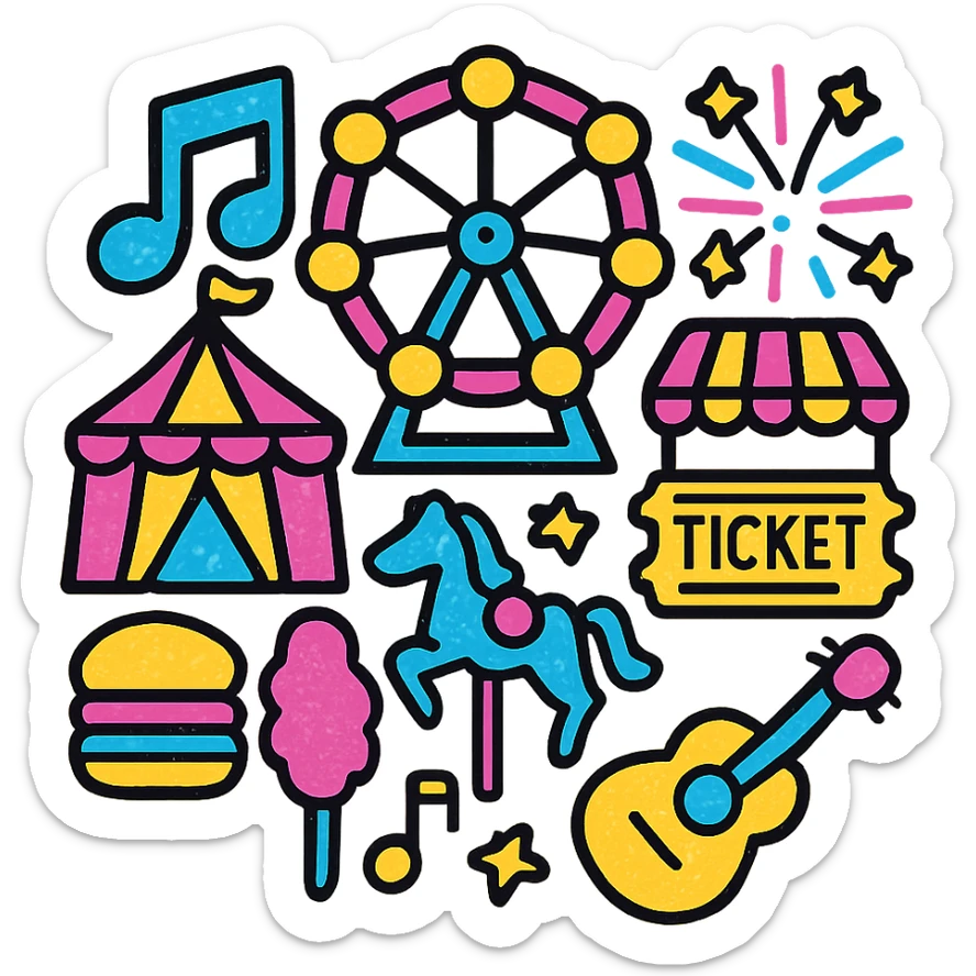 A festival scene with a variety of colorful and vibrant icons representing different activities and attractions sticker