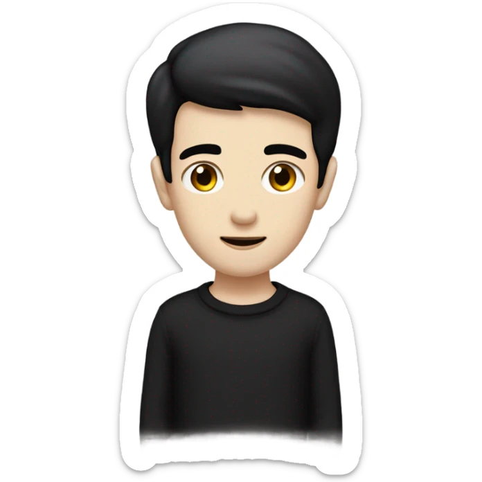 A pale man with straight black hair and hazel eyes and a black jumper sticker
