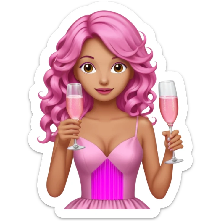 One lady with long pink curled hair and tan skin holding a glass of  pink champagne in each hand sticker