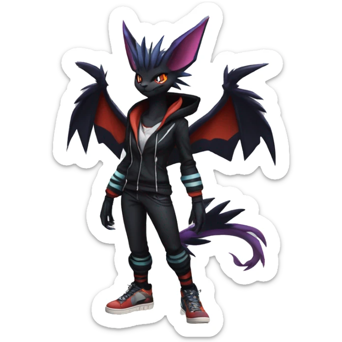 Cool Anthro Black Noivern-Absol-Litten-Pokémon with edgy stripes hoodie spiked collar punk Full Body sticker