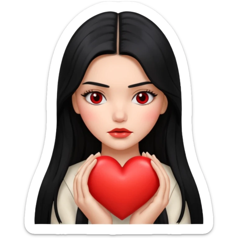A Kendall Jenner with long black hair is sad and holds a red heart in her hands sticker
