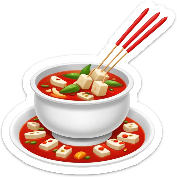 Spicy Hot Pot Skewers Malatang with various ingredients in red broth, simplified emoji style with bold outlines and bright colors, cartoon style Chinese street food bowl sticker