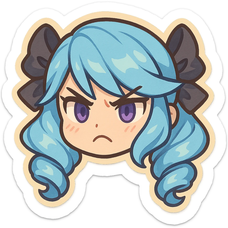 Gwen from League of Legends, chibi style, just the head, right eye purple, angry expression sticker