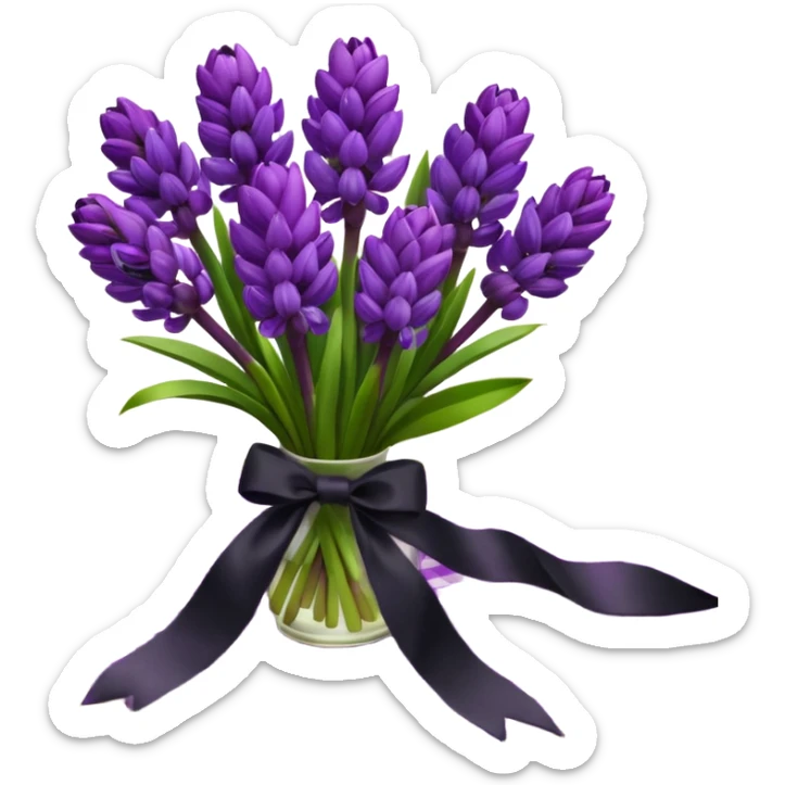 A lush bouquet of bright prple color Hyacinths black satin ribbon, resting on an antique wooden table, with a pale yellow and pink plaid pattern table cloth sticker