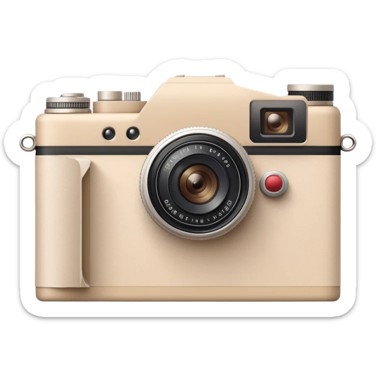 A beige camera and next to it a landscape photograph of the frame behind the camera sticker