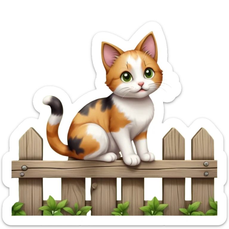 A playful cat sitting on a wooden fence, tail swishing, ears perked up, with a curious expression, surrounded by soft sunlight and a few green leaves in the background. sticker