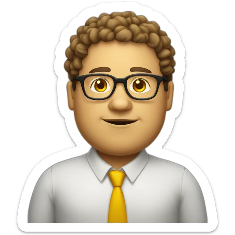 A fat man wearing glasses, with a square face, naturally curly hair and yellow skin sticker