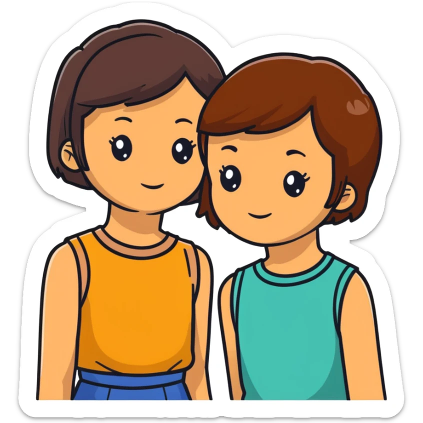 dos chicas, una con pelo corto desmechado en capas hasta la barbilla, castaña, piel morena; la otra con pelo lacio hasta el hombro, castaña, piel morena sticker