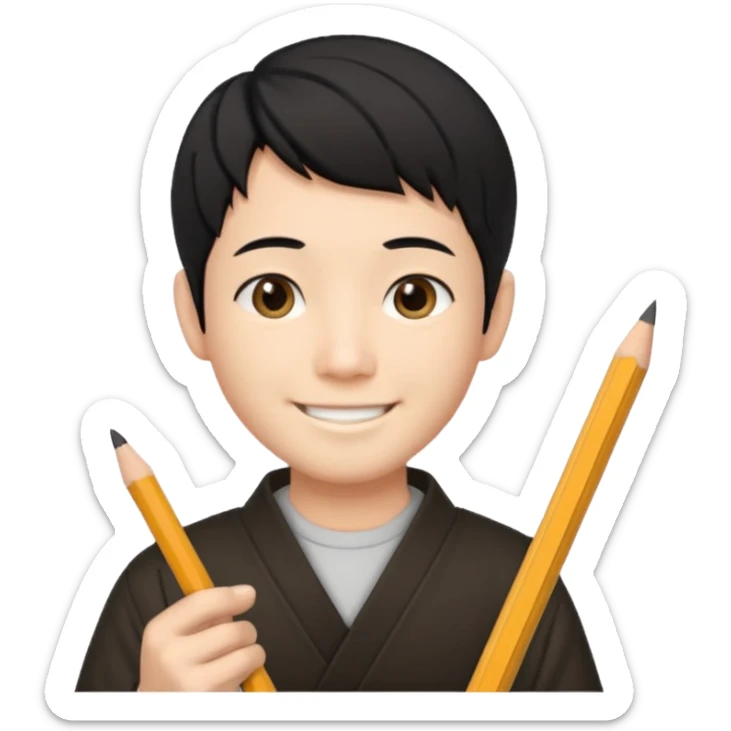 A Japanese male character with short hair, smiling, holding a pencil in his hand. sticker