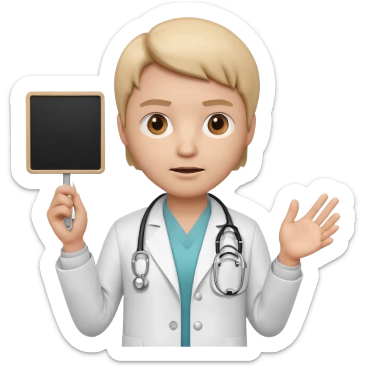 3D memoji doctor holding a small blank white sign in one hand (no text on sign), serious warning facial expression, medical coat, stethoscope, centered composition, PNG, transparent background sticker