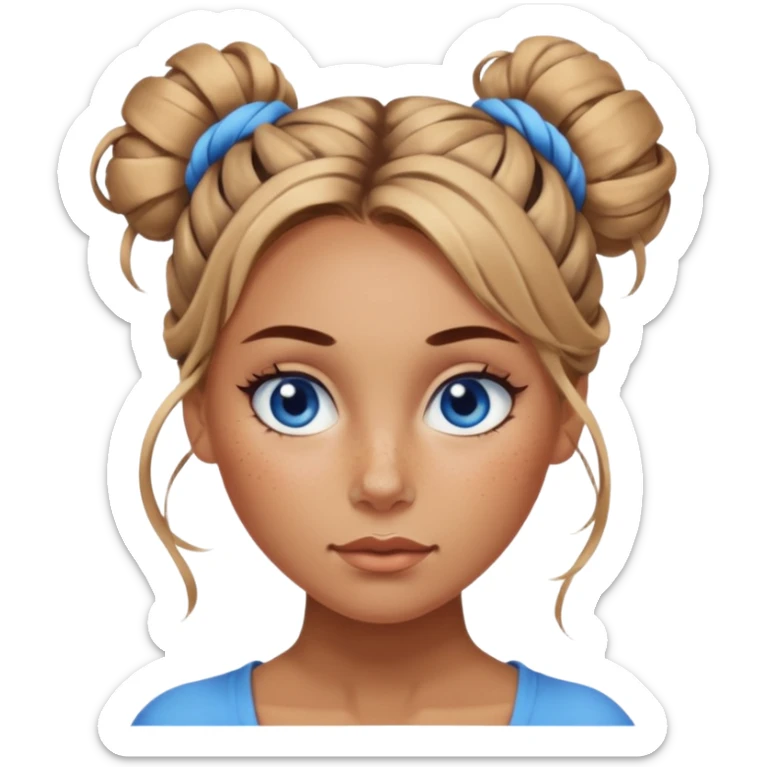 Attractive Woman with tan skin, blue eyes, wide face, freckles, and twisted messy bun sticker