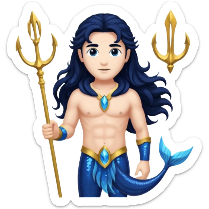 Neptune, God of the Sea from Gods and Goddesses with long black hair, dark blue sequin outfit sticker