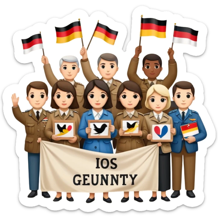 people holding protest signs, Berlin Wall in the background, peace dove, East and West Germany flags, 1950s and 60s sticker