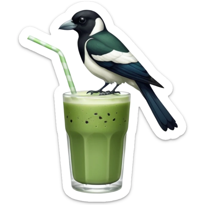 It’s an Australien Magpie sitting on an iced matcha latte on the edge of the glass. It has green matcha on its beak indicating it drank. The iced matxha latte is in a see through glass and white from the oat milk on the bottom and green on top…and there is a straw in the drink and ice cubes sticker
