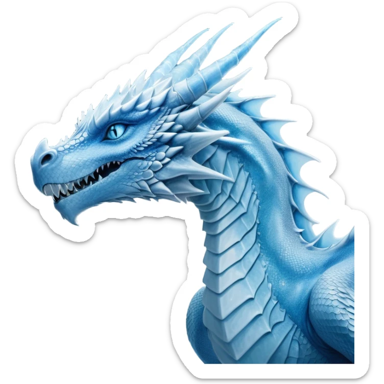 Cinematic Noble wise elegant Ice Dragon Portrait Emoji, Poised and imposing, distinct long elegant snout, with a slender, scaled body shimmering in glacial hues of icy blue, frostbitten silver, and crystalline white, breathing out frost, with piercing, glowing ice blue white eyes that radiate the chilling depths of an arctic storm; rendered in detail. excuding wisdom sticker