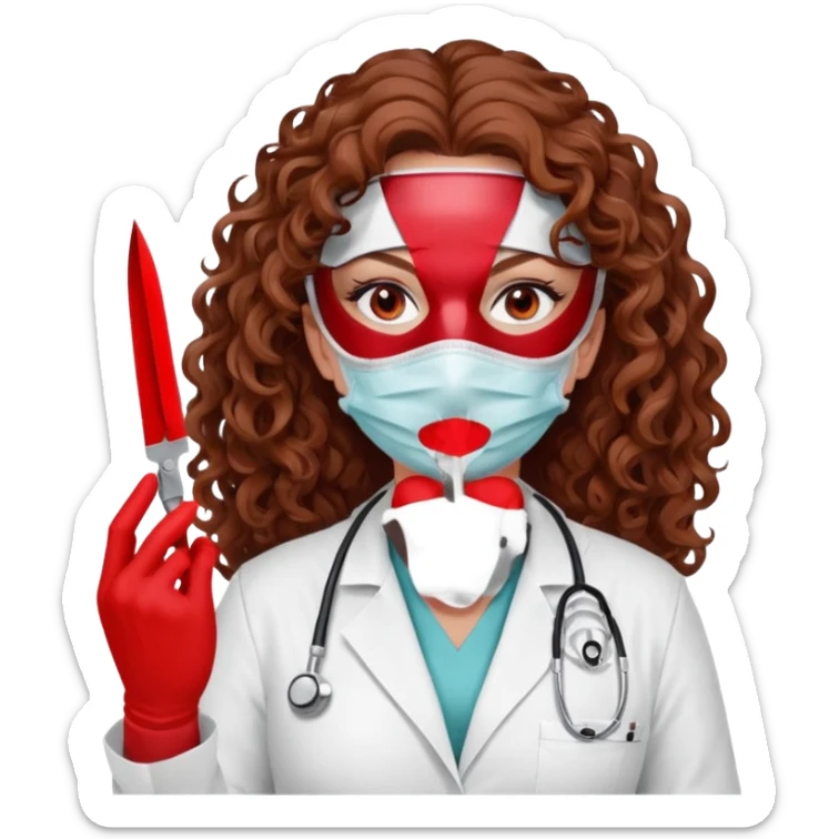 Scary woman scalpel in hand, evil surgeon sexy surgeon clothes.  She has red eyes. Her  brown long curly hair. Wears sexy doctor outfit with red gloves. make her hair free and brown but have mouthy  wear  mask  to hide. Wears white surgeon jacket and sticker