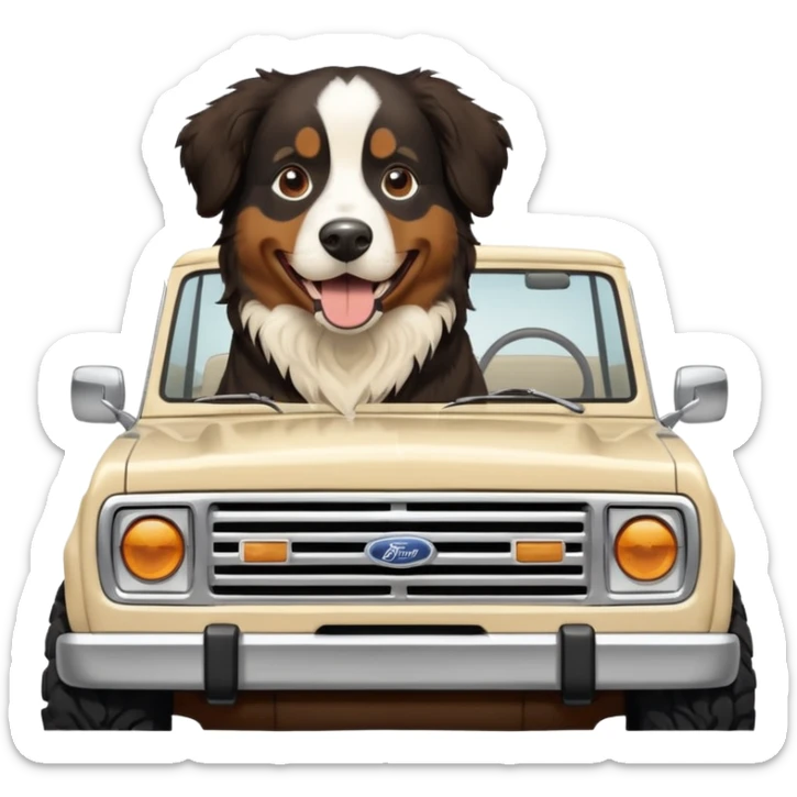 Bernese mountain dog in a cream colored ford bronco with no roof sticker