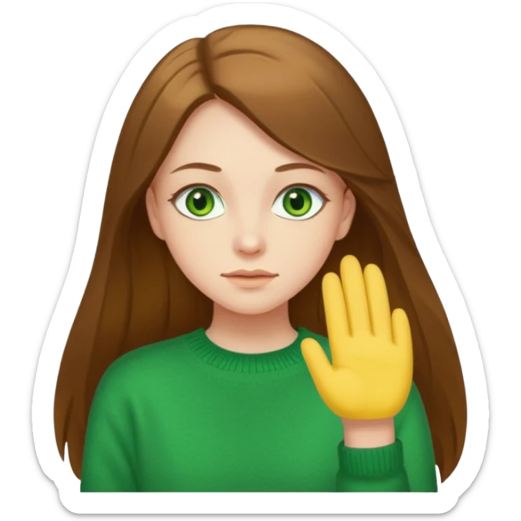 please create an emoji of a semi pale girl with long brown hair, green eyes, wearing a yellow sweater sticker