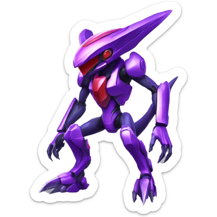 a shiny purple-red Genesect-Raptor-Fakémon—hybrid with a futuristic visor-helmet full body sticker