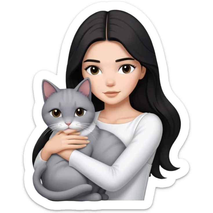 Kendall Jenner long hair with white dress hug one grey white cat sticker