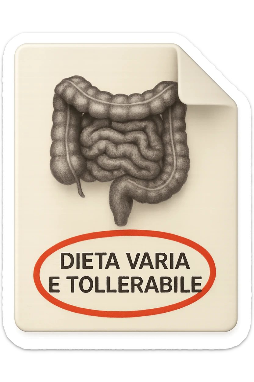 emoji stile iphone di un foglio con un INTESTINO disegnatO sopra e la scritta "DIETA VARIA E TOLLERABILE" CERCHIATA IN ROSSO, iperrealistico 4k, isolato su sfondo bianco sticker