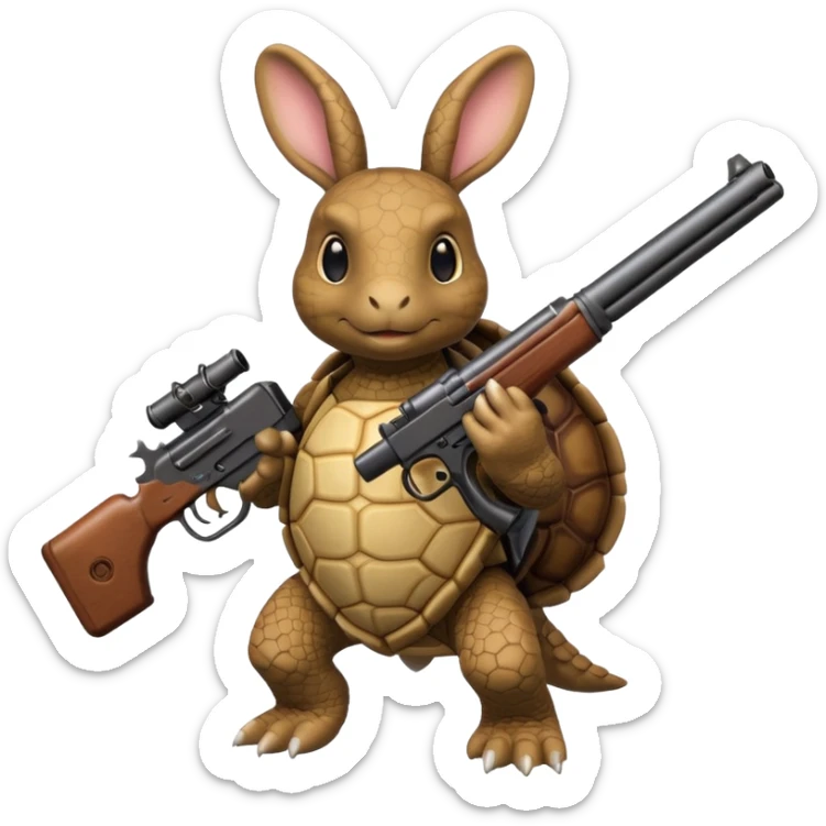 Turtle with a rabbit on its back that has a gun Sticker