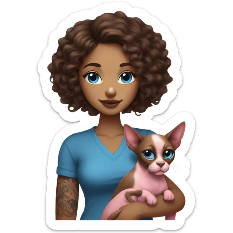 Beautiful tattooed curly dark brown haired woman holding a boxer dog and  pink sphinx cat with blue eyes sticker
