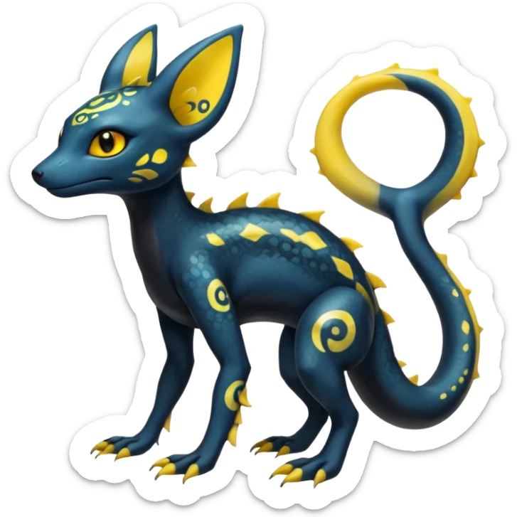 L Scaley Exotic Salandit-Aurorus-Umbreon-Fakémon-hybrid-creature (full body), 4 legs, with splash markings, with intricate details sticker