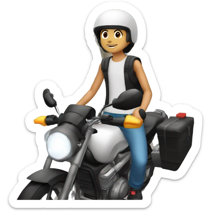 Un joven blanco de cabello risado corto conduciendo una moto  en las calles de Nicaragua y atras de la moto un perro cafe sticker