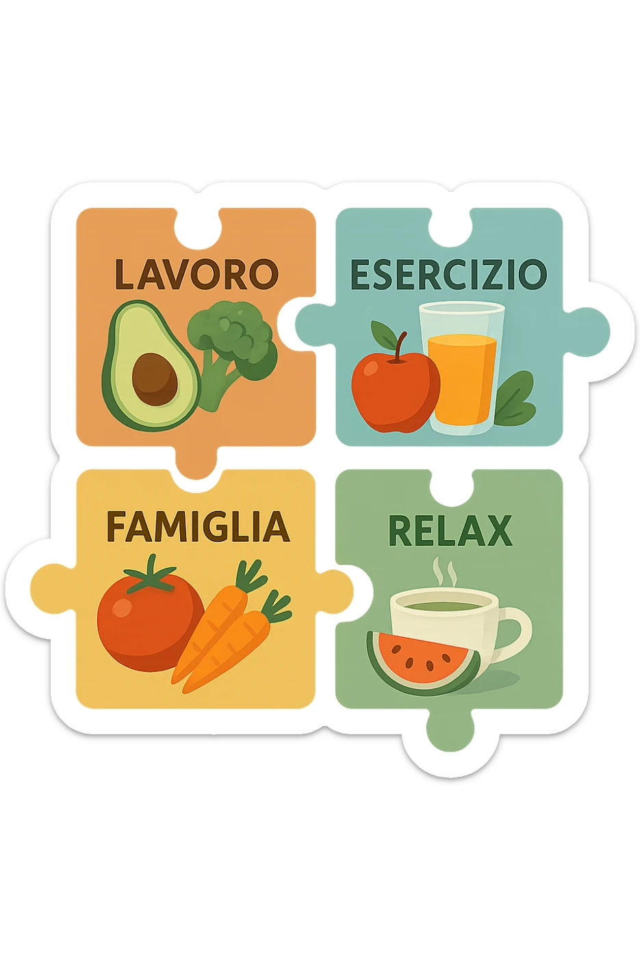 Puzzle (Lavoro, Esercizio, Famiglia, Relax), and healthy foods are integrated into each piece. in italiano sticker