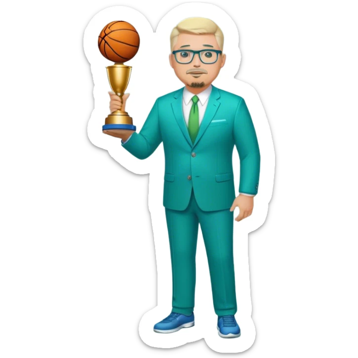 Full Body white fat male  wearing glasses with a goatee with light blonde gray very short hair basketball head Coach in blue and green suit holding trophy sticker