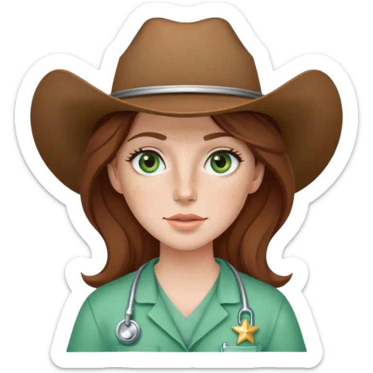 Pale Woman with brown hair and green eyes and freckles on her cheek bones wearing scrubs and a cow girl hat sticker