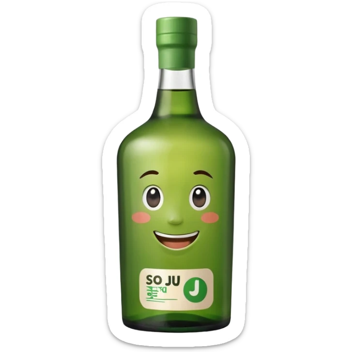 Minimal realistic emoji of a green Korean soju bottle, smooth glass texture, simple Korean label, soft studio lighting, clean background, centered composition, modern emoji design, high quality, 1:1 square sticker