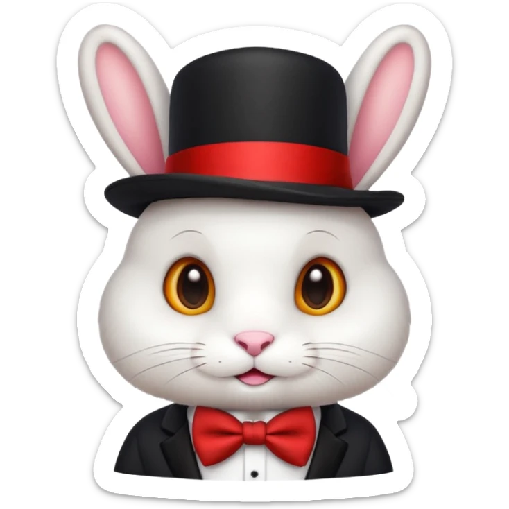 Cute emoji-style white bunny wearing a black top hat with a red band and a red bow tie, big round eyes, fluffy fur, clean mascot style, centered, transparent background, 1:1 ratio. sticker