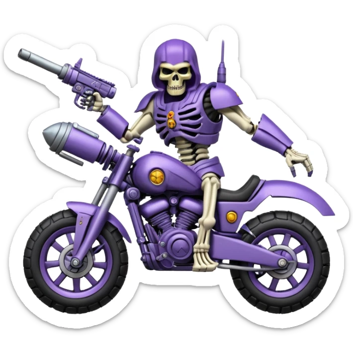  Four wheel skull-headed tank mech motorcycle with mechanical arms with guns, skeletor , active suspension , aggressive expression, shiny metal with minimal color accents, preserve all proportions, pose, and details sticker