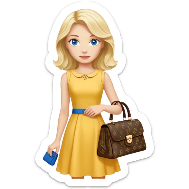 Blonde woman with blue eyes side part should length wavy hair carrying a lv handbag in a yellow dress sticker