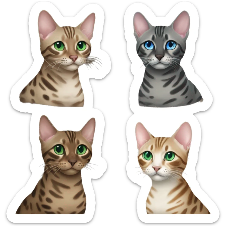 Seal Bengal cat with Blue eyes + charcoal Sepia bengal cat with Green eyes sit Next to each other  sticker