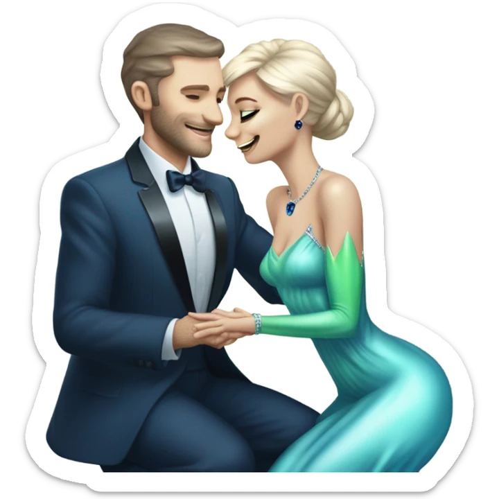 alien reptilian green skin woman, in long slim pastel blue formal party satin dress with gradient shiny sparkling navy blue diamonds embroidered , and caucasian man in black dres on his knees asks her to marry her sticker