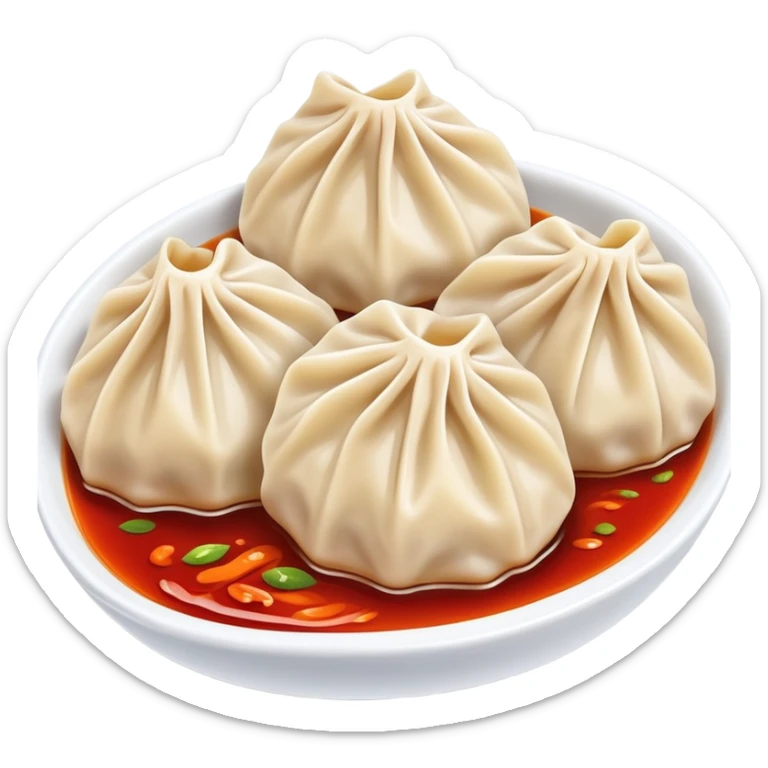 Chengdu Zhong dumplings with red oil sauce, simplified emoji style with bold outlines and bright colors, cartoon style Sichuan spicy water dumplings sticker