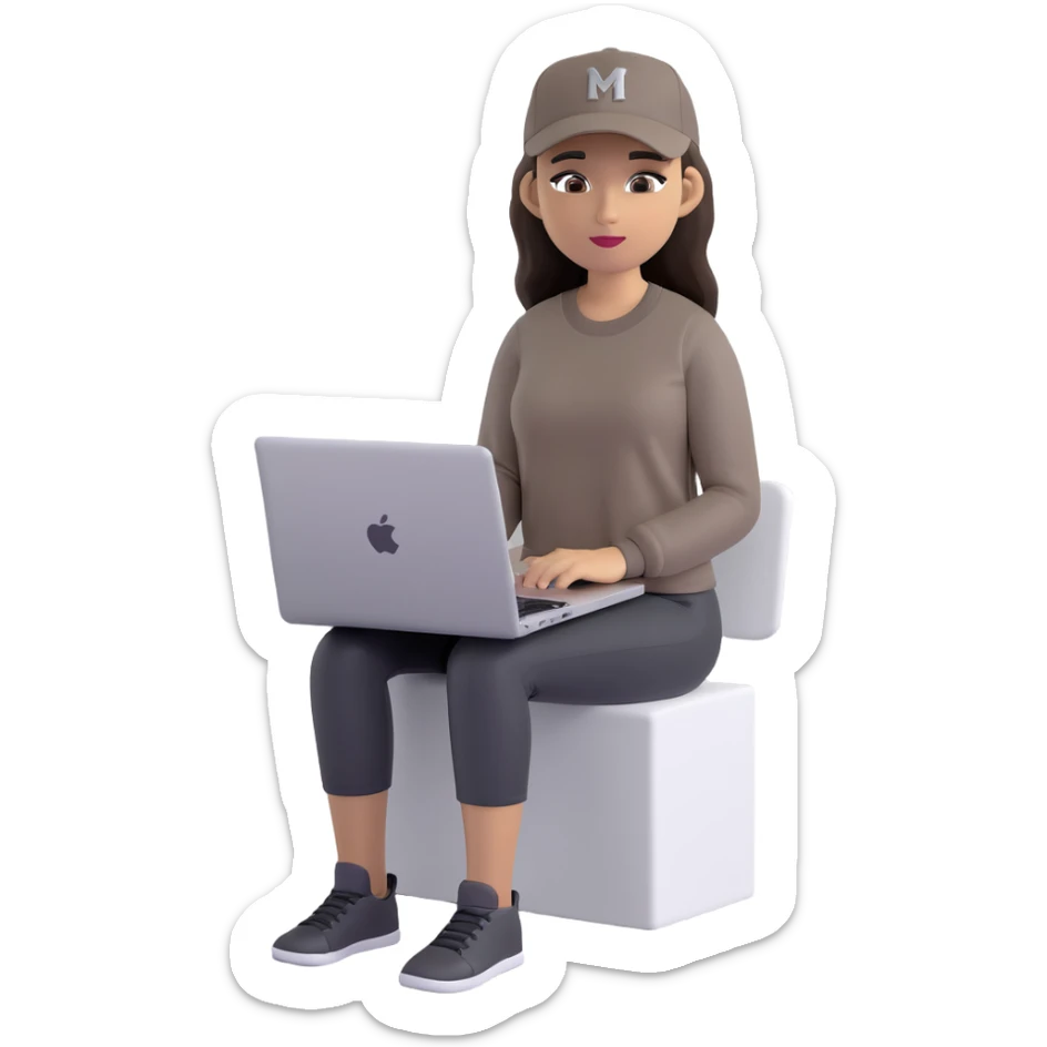 A professional 3D avatar of a young woman with olive skin and long, dark brown hair, wearing a dark, long-sleeved dark taupe shirt and a black baseball cap. She's sitting at a sleek wooden desk, typing on a silver MacBook. sticker
