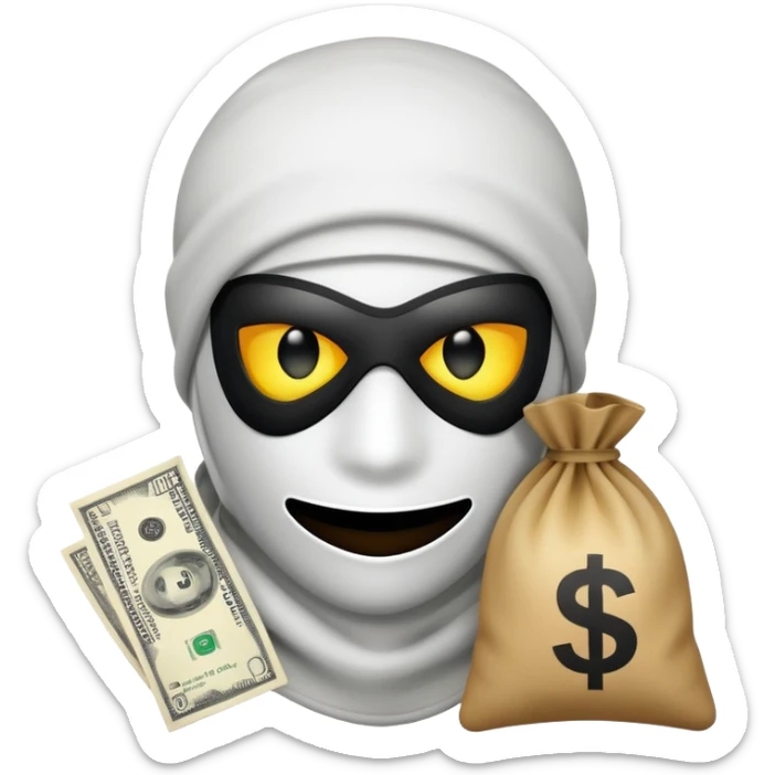 Ski mask holding money bag with white face like not the skin color white as #FFFFFF and glowing black eyes sticker