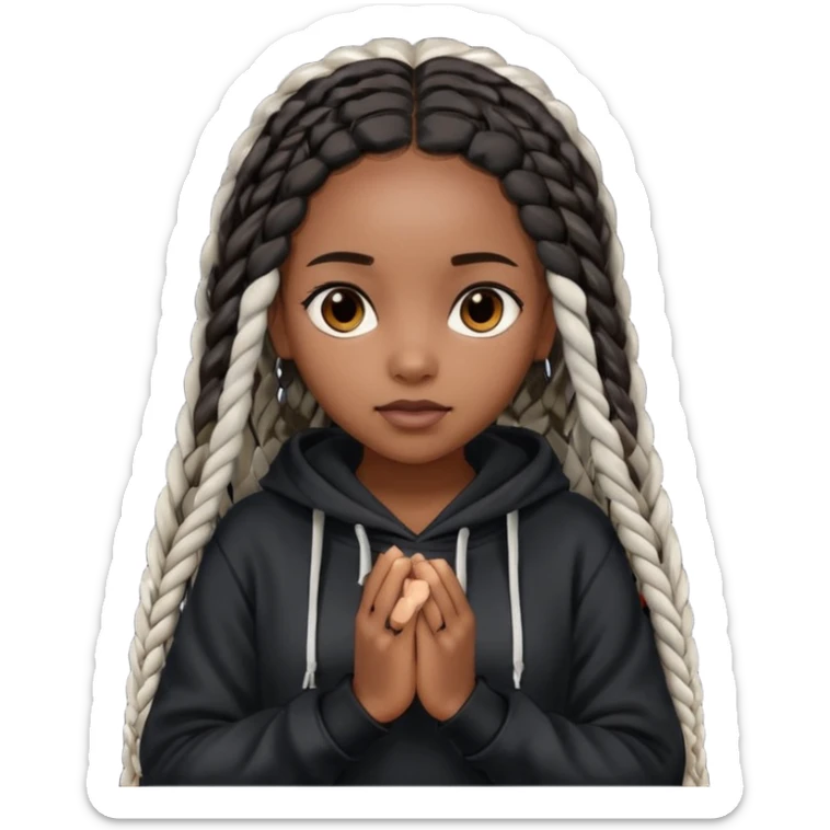 African American dark skin girl with long black box braids wearing a black hoodie with hands folded together sticker