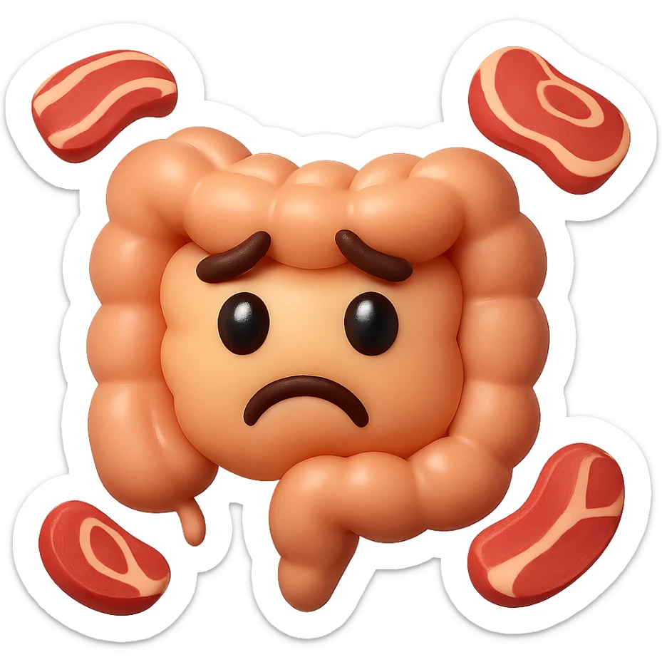 emoji stile iphone in 3d di un intestino triste con fette di carne che gli fluttuano intorno sticker