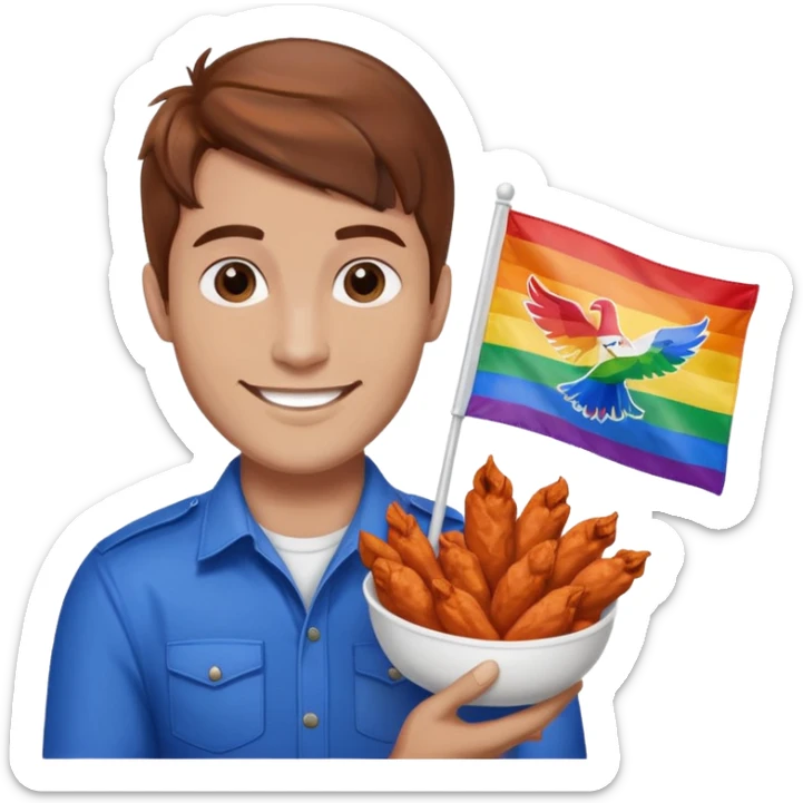 Guy with brown hair holding buffalo chicken wings and a gay pride flag sticker