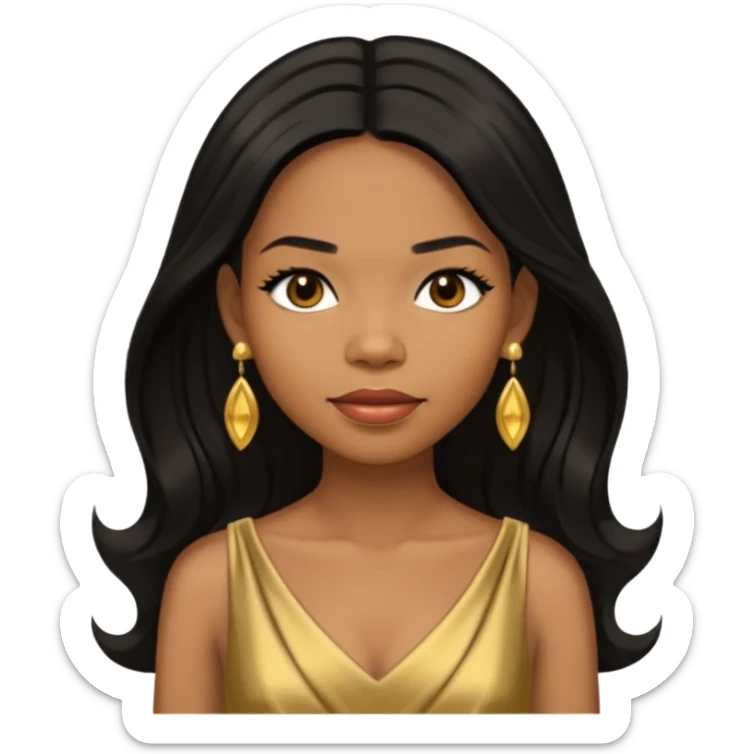 Michelle Williams R&B Singer, Long Black Hair, Medium Dark Skin, Brown Eyes, Gold Dress with earrings sticker